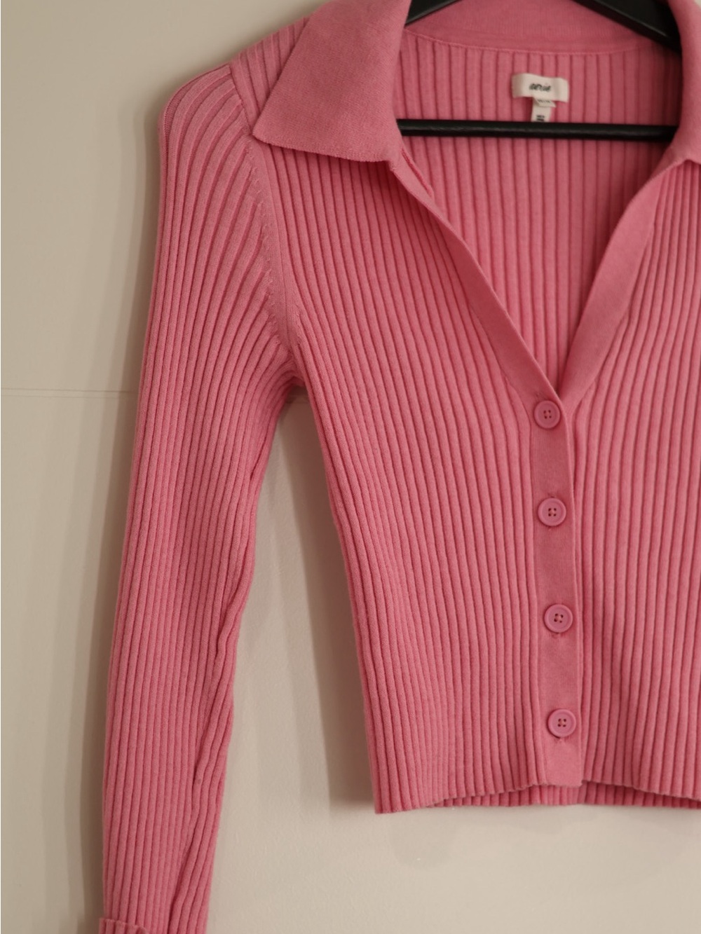 Aerie Pink Ribbed Collared Button Cardigan Sweater XS
